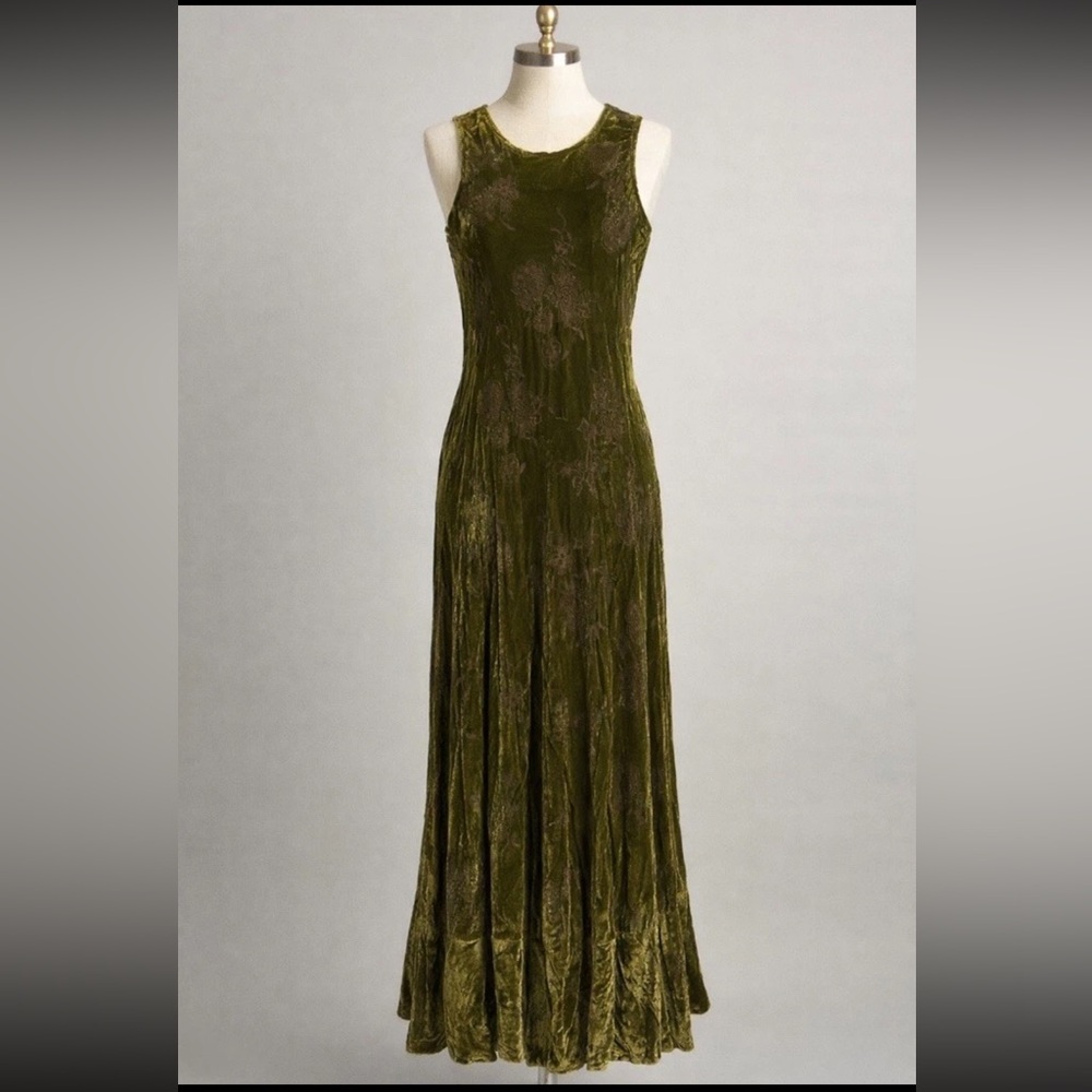 April Cornell  Olive Green Velvet Maxi Slip Formal Dress